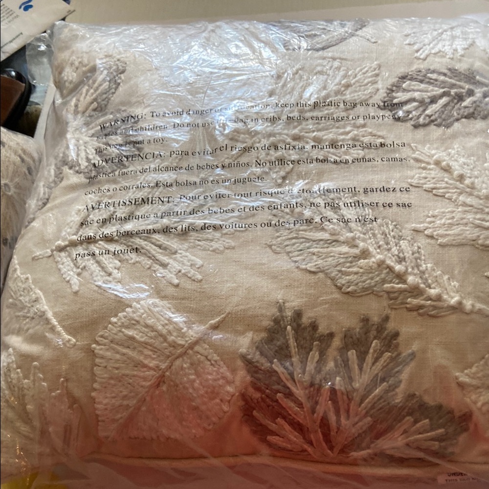Elegant White and Gray fall leaves Embroidered Pillow